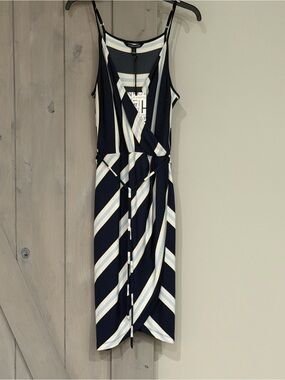 41 Hawthorn Navy, White & Light Blue Striped Wrap Midi Dress with Tie